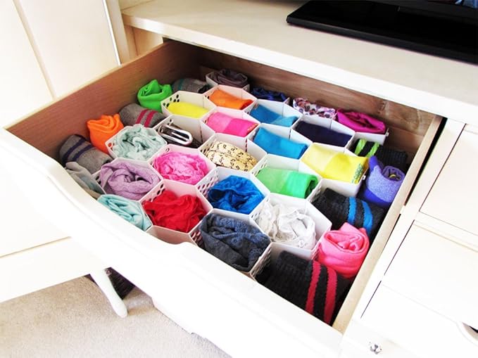 Evelots Honeycomb Drawer Organizer - Set of 4, 112 Slots, Easy Snap-Together Assembly, Adjustable & Durable Plastic Dividers, Perfect for Socks, Underwear, Ties, Accessories, and More - Customizable S