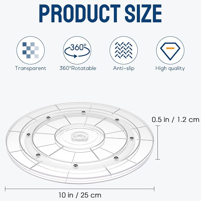 10" Acrylic Clear Lazy Susan Turntable | Steel Ball Bearing for 360-Degree Rotation,Durable Plastic Turntable for Tables Top,Cabinets,Spice Racks
