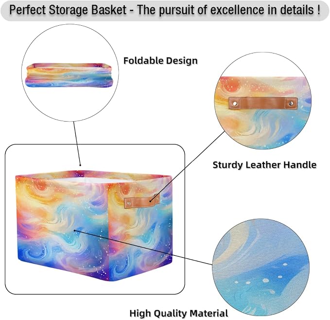 Rectangular Storage Bins Abstract Rainbow Glitter Collapsible Fabric Storage Basket Organizer with Handles for Nursery Bedroom Bathroom