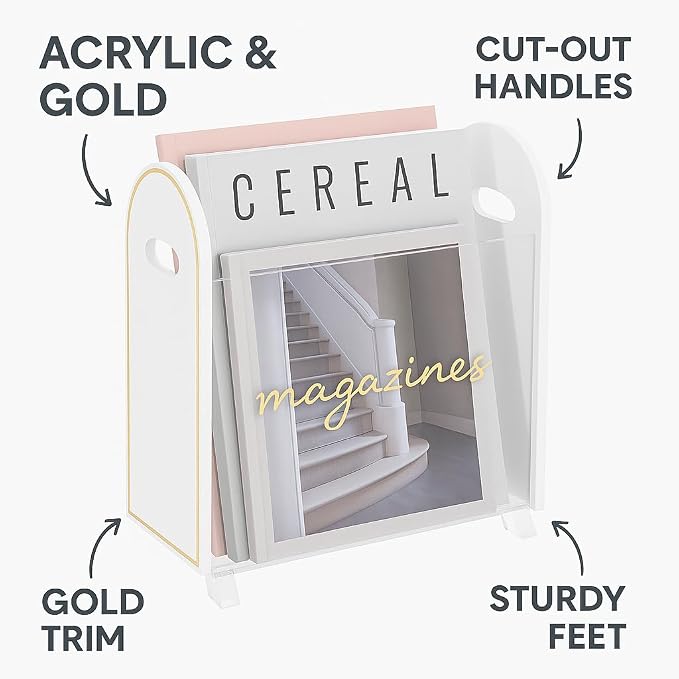 Khen Acrylic Magazine Rack Holder & Gold Trim - 12.40" x 10" x 4.49" - Crystal Lucite Clear - Shatterproof - Open Top - Space Saver - For Magazines, Publications, Office Desk, Reception, Waiting Room