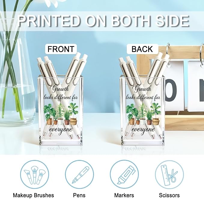 Growth Looks Different for Everyone Acrylic Cosmetic Pencil Holder Cup, Funny Plant Pen Holder for Women Teacher, Home Office Classroom Desk Accessories, Inspirational Gifts for Coworker Friend