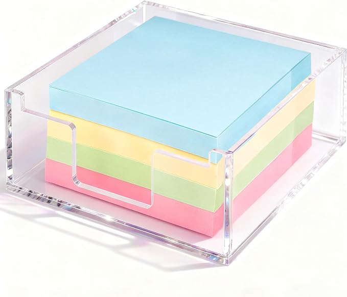 Acrylic Sticky Note Holder 4x4in Tray for Desk, Crystal Clear | Crystal Clear acrylic tray, fits 3x3 sticky notes, compact organizer for office school and home