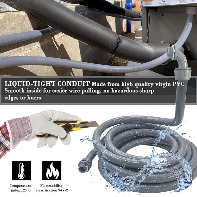 1/2 inch 100Ft Liquid-Tight Conduit Kit, Flexible Non Metallic Electrical Conduit, with 6 Straight and 5 Angle Fittings Included. 1/2" Dia