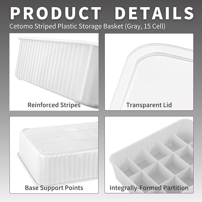 Cetomo 15 Cells Plastic Underwear Sock Drawer Organizer with Lid, Lidded Storage Box with Dividers for Bras and Socks, Basket for Closet, Stackable, Gray, 15 Compartments (31 x 24 x 8 cm)