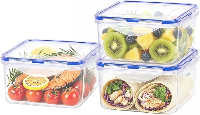 KIGI Square Food Storage Container, Medium, Set of 3 (5.2 Cup) | Leakproof & Airtight, Ideal for Lunch, Meal Prep, Leftover, Sandwich & Salad, 4-Sided Locking Lids, BPA-Free Plastic, 42 oz