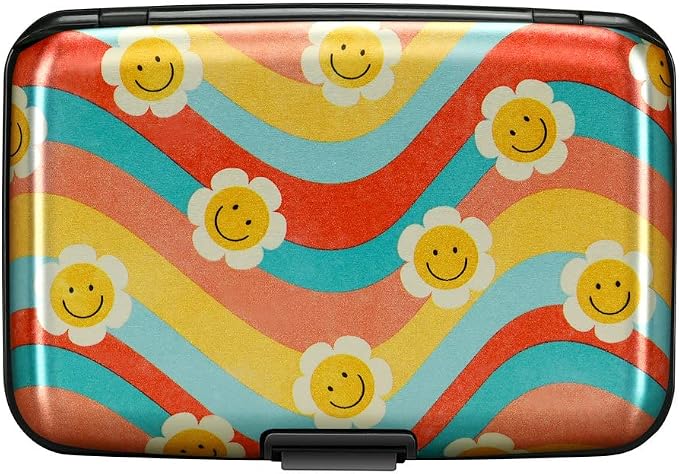 ELFISH Mini RFID Aluminum Wallet Credit Cards Holder Business Card Case Metal ID Case for Men Women（Smile Flower