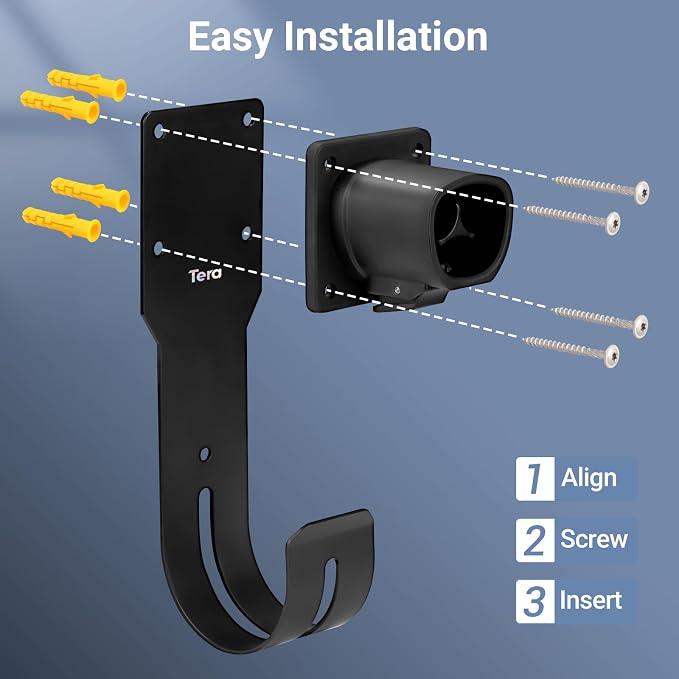 Tera EV Charger Cable Holder for Tesla: Waterproof Wall Mount Connector Organizer with J-Hook for Electric Vehicle Charging Station