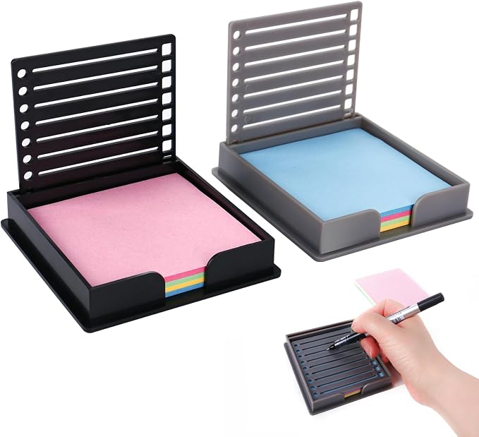 2 PCS 3x3 Sticky Note Holder, Anti-Curl Sticky Pad Dispenser with Drawing Stencil Template, Compatible with Post it Notes, Reusable Memo Organizer for Office Home School