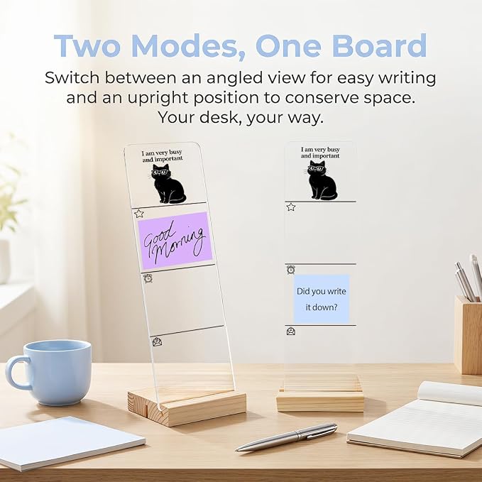 Monitor Memo Board, Sticky Note Holder, Sticky Note Board for Desk, Acrylic Desk Buddy with Wooden Base, Includes 200 Notes, Funny Cat “I Am Very Busy and Important”