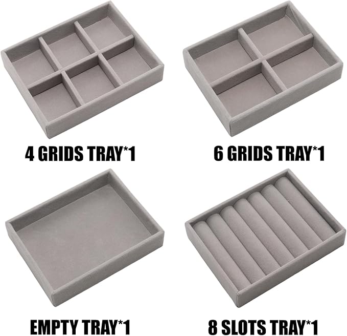 Small Jewelry Tray Set 4 Pcs Grey Velvet Stackable Jewelry Organizer Tray Mini Jewelry Drawer Organizer for Necklace Ring Earrings Jewelry (4 Styles)