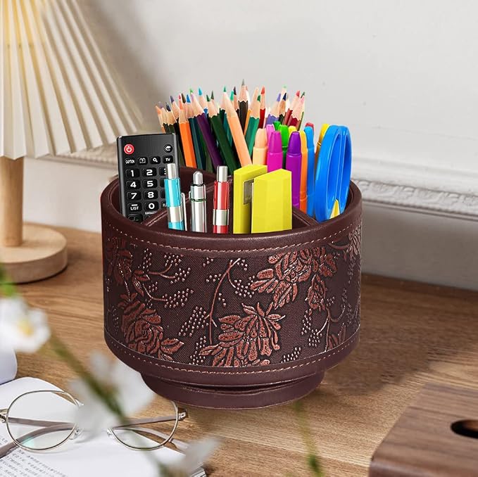 Pen Holder for Desk Organizers and Accessories, TV Remote Control Holder | PU Leather Nightstand Caddy, 360 Swivel TV, Art/Office Supplies Stationery, Table Bedside Decorations Living Room, Home Decor
