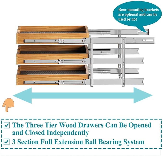 OCG Pull Out Drawer 14" W x 21" D, 3 Tier Pull Out Cabinet Organizer, Heavy-Duty Slide Out Drawer for Cabinets, Base Cabinet Organization for Kitchen, Pantry, Bathroom