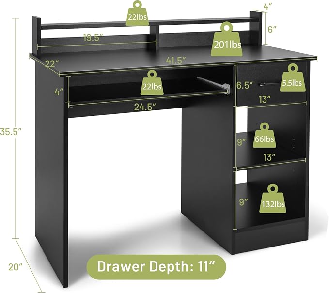 Tangkula Computer Desk with Drawer & Keyboard Tray, 22 Inch Wide Modern Study Writing Desk with Desktop Hutch & Storage Shelves, Home Office Desk for Kids, Wood PC Laptop Desk, Desk for Bedroom