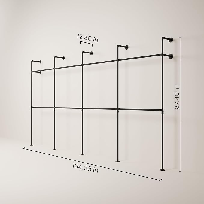 pamo Industrial Clothing Rack Wall Mounted Black – 154" W × 87" H, 1100 lbs | Heavy Duty Pipe Closet System in Black Powder Coated Steel, Scratch-Resistant, Double Rod, Easy Assembly, Closet Organizer