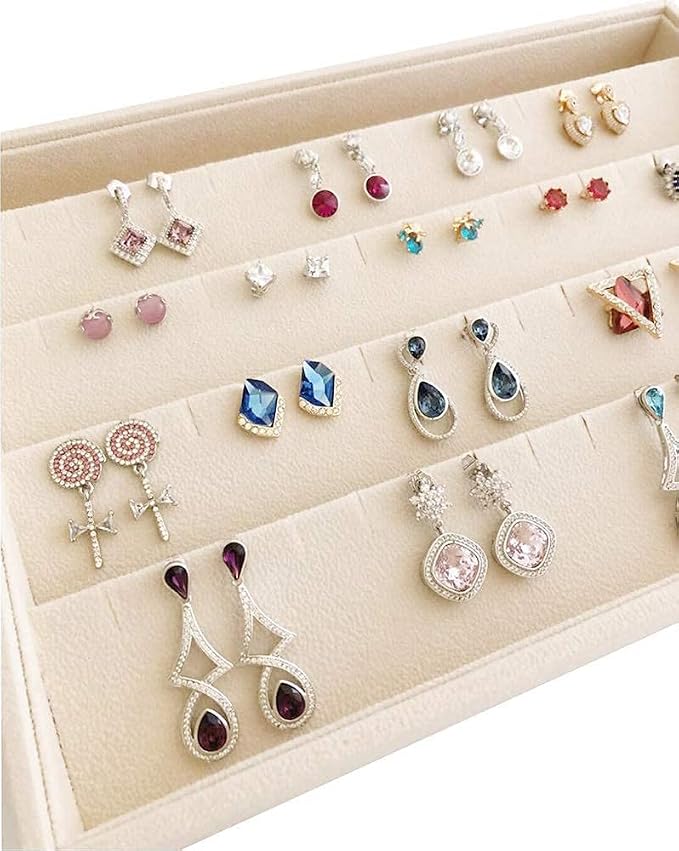 Premium Grade Beige Velvet Jewelry Organization Tray for Earrings Drawer Insert Stackable Closet Organizer