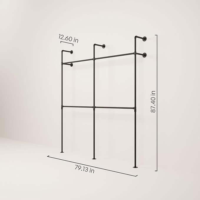 pamo Industrial Clothing Rack Wall Mounted Black – 79" W × 87" H, 660 lbs | Metal Pipe Style Wall Mounted Wardrobe - Heavy Duty Open Dressing Room - Bedroom, Entryway or Shop