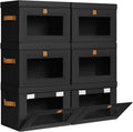 DIMJ Storage Bins with Lids - 6 Pack Front Opening Stackable Fabric Storage Boxes with Clear Window & Handles, Collapsible Closet Organizers for Clothes, Sweaters, Shelf Storage, Bedroom, Black
