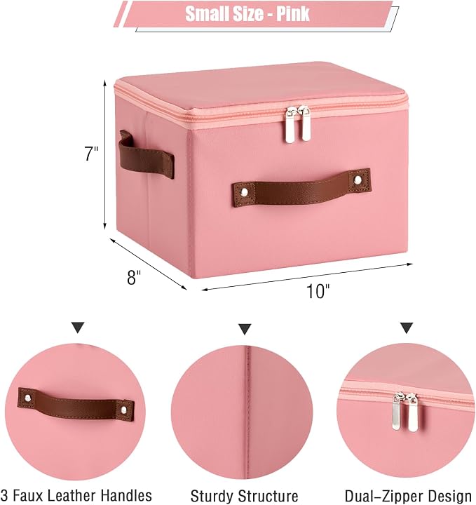 2PCS Storage Bins with Zipper Lid PU leather Storage Boxes Leather Fabric Collapsible Lidded Baskets Cube with Handle Decorative Shelves Closet Office Organizer Container(Pink, Small Size)