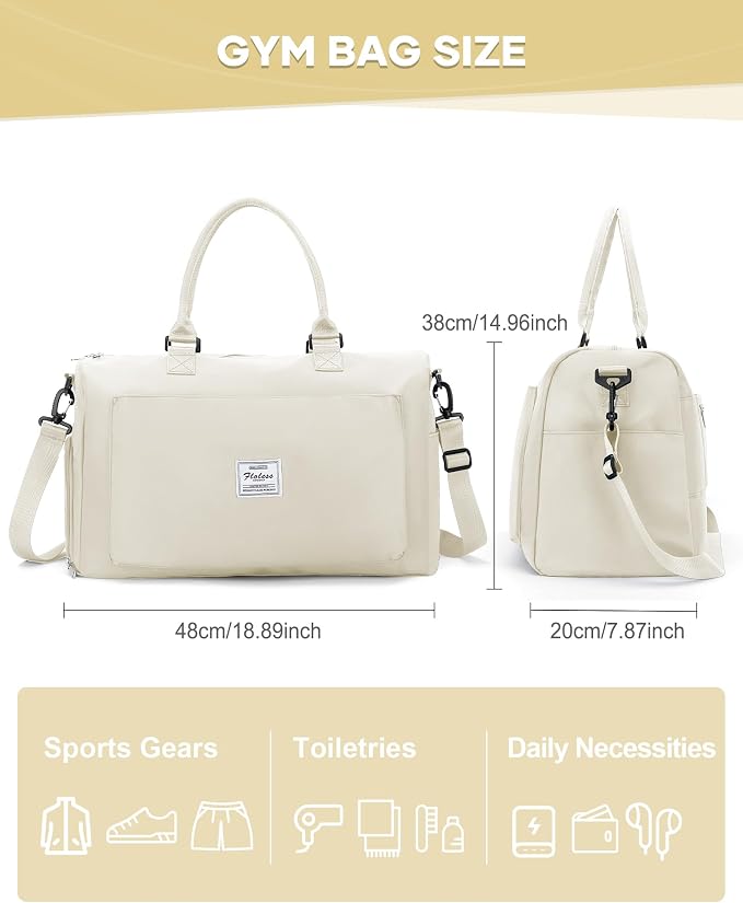 Gym Bag for Women Men Duffle Bags for Travel with Shoe Compartment Shoulder Weekender Overnight Carry on Tote Bags for Airplane Beach Bag Workout Yoga Sport Swimming Cream White