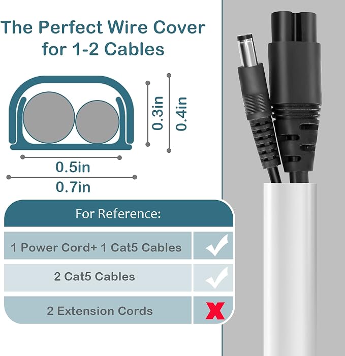Wire Covers for 2 Cords, 116.5in Cord Hider On Wall Mounted, White Cord Cover Kit, Cable Cover Paintable, Cable Concealer for Extension Cord, Ethernet Cable, Speaker Wire Hider, W0.7in H0.4in