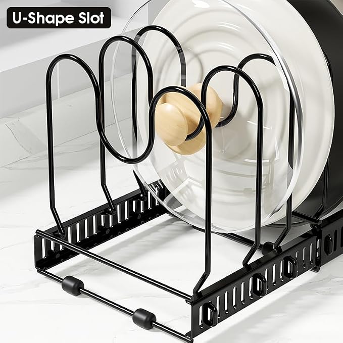 Expandable Pots and Pans Organizer Rack, Pot Lid Kitchen Cabinet Organizer Holder with 10 Adjustable Compartment, Cookware Rack for Kitchen Cabinet Storage, Black