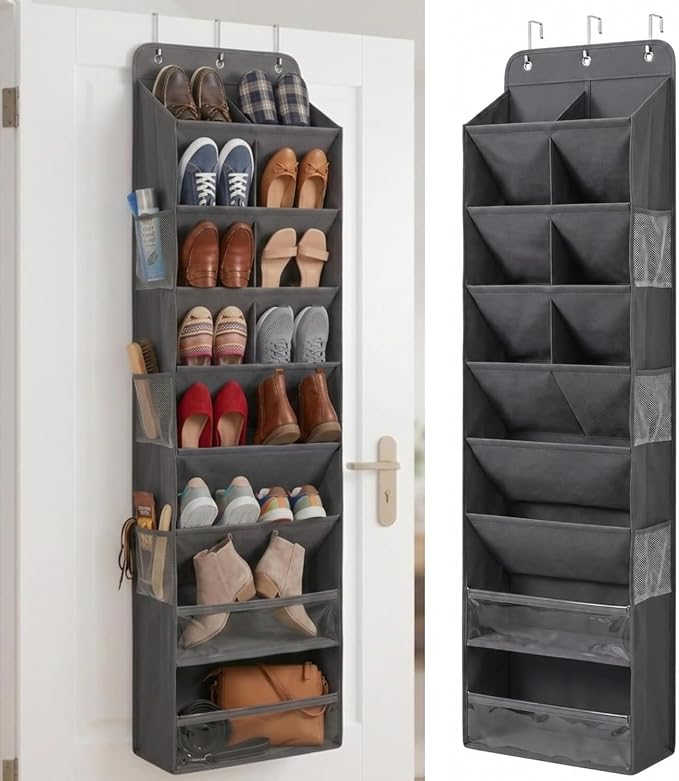 HOMELUX THEORY 8 Tier Hanging Shoe Organizer for Closet, Over the Door Shoe Organizer with Deep 120D Extra Thick Pockets, Shoe Rack for Closet & Entryway, with 6 Side Pockets for Boots (Dark Gray)