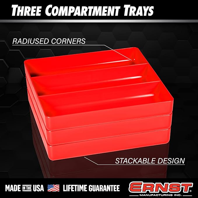 Ernst Manufacturing Toolbox Tray: Stackable Organizer Tray with 3 Compartments - Ideal for Trades, Mechanics, Electricians, Plumbers, Household Use, Hobbies - Heavy Duty - Made in the USA