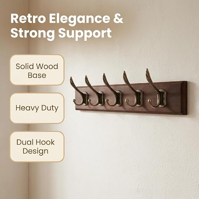 Wall Mounted Coat Rack with Solid Wood, 5 Bronze Metal Hooks – 19.6 Inch Rustic Brown Entryway Organizer for Hanging Coats, Hats, Jackets, Scarves, Bags, for Hallway, Bedroom, Bathroom（5Hooks）
