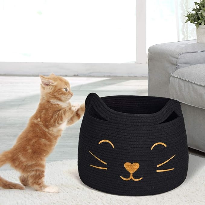 Large Woven Cotton Rope Storage Basket, Baby Laundry Basket Organizer for Toys, Blanket, Clothes, Towels, Gifts | Pet Gift Baskets for Cat, Dog - 15.7" L×11.8" H, Black