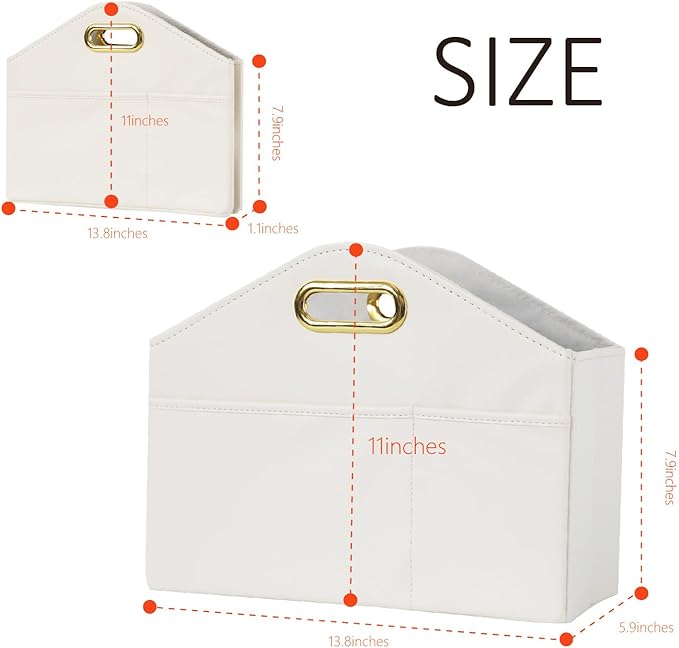Magazine Holder PU Leather Magazine Rack Floor foldable Magazine Basket Organizer Newspaper Storage Bin Document File Holder for Home Office - white