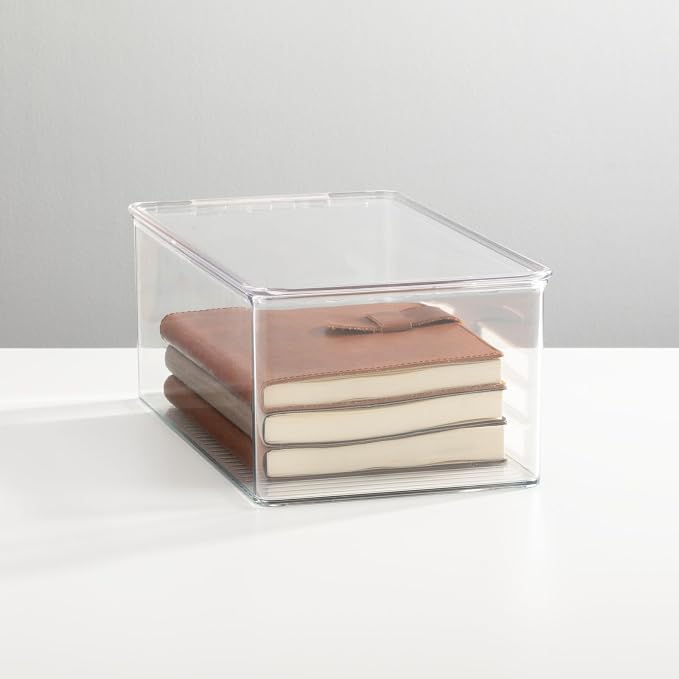 mDesign Plastic Stackable Home Office Storage Organizer Box with Hinge Lid - Holder Container Bin for Note Pads, Gel Pens, Staples, Dry Erase Markers, Tape, Supplies - Lumiere Collection - Clear