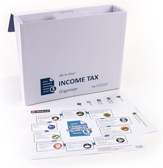 Smead All-in-One Income Tax Organizer, 12 Pockets, Flap and Cord Closure, Letter Size, Navy/White (70660) (Pack of 5)