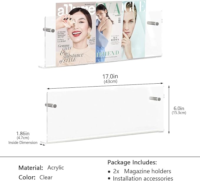 2-Pack Clear Acrylic Magazine Holder Brochure Holder,17 Inch Hanging Magazine Rack with Hardware, Floating Bookshelf Brochure Display Organizer for Home, Office, Reception Area