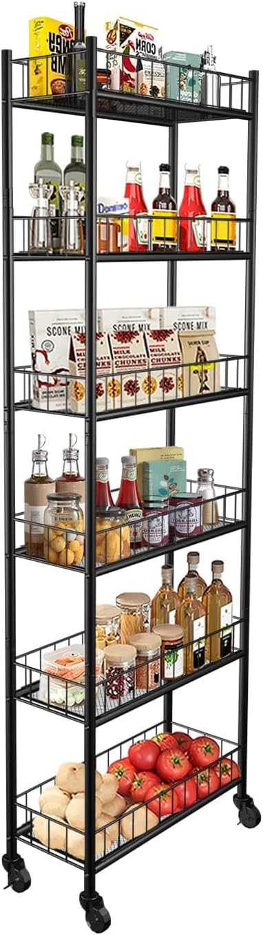 Utility Slim Storage Cart 6 Tier Narrow Metal Frame Carts | 6 Tier Narrow Kitchen Storage Cart,Laundry Room Carts, for Kitchen,DiningRoom,Living Room,Home Office,Classic Black
