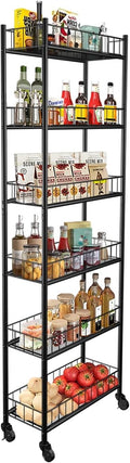 Utility Slim Storage Cart 6 Tier Narrow Metal Frame Carts | 6 Tier Narrow Kitchen Storage Cart,Laundry Room Carts, for Kitchen,DiningRoom,Living Room,Home Office,Classic Black