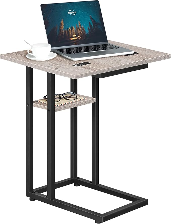 HOOBRO Foldable C Shaped End Table, C Shaped Side Table with Storage Shelf, Small Snack Table, Slide Under Couch Table for Sofa, Living Room Bedroom Small Spaces Easy Assembly, Greige BG29SF01