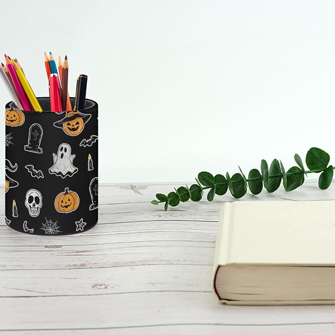 Halloween Spider Web Ghost Pen Holder Pencil Cup for Desk Organizer | Cute Makeup Brush Holder PU Multifunctional Office Suppliesfor Decor Home Classroom School