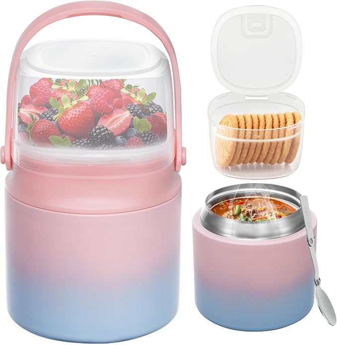 2 - in - 1 Soup Thermo for Hot Food 14oz with Snack Box Container Leak Proof Insulated Lunch Container Kids and Adults Stainless Steel Double Wall Vacuum Wide-mouth Thermal with Spoon and Handle