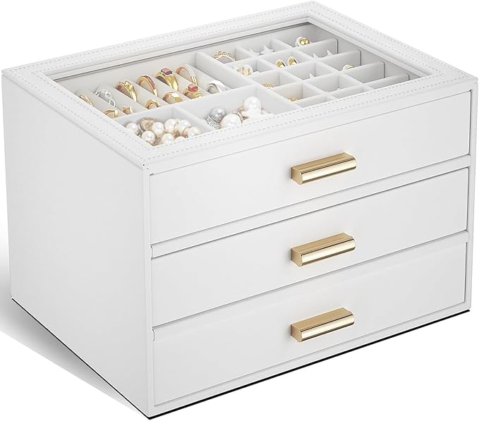 AKOZLIN Jewelry Box with Clear Lid Functional Leather Jewelry Storage Organizer Case 3 Drawers for Women Girls Necklace Ring Bracelet Earring