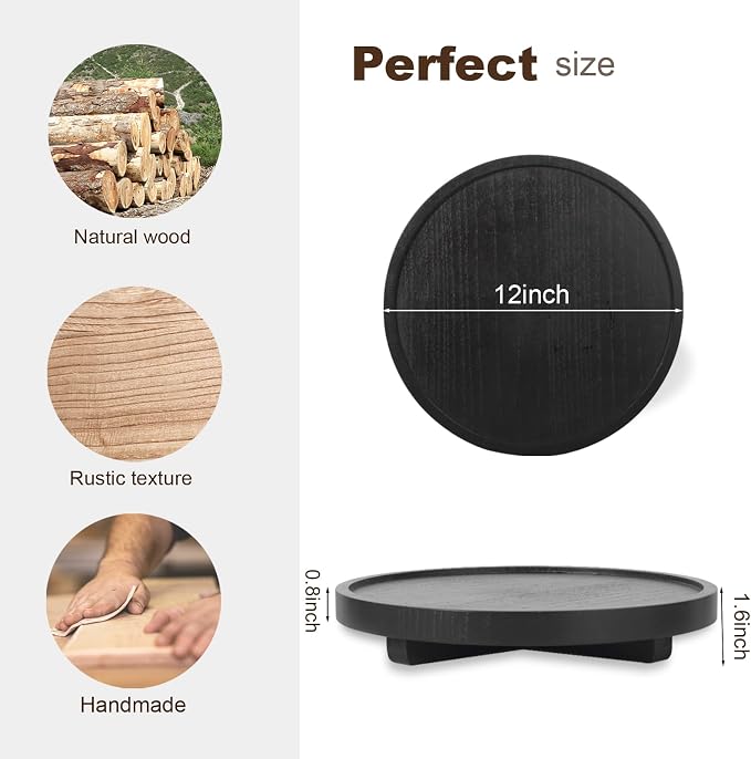 Round Decorative Tray Wood Bathroom Counter Organizer Farmhouse Kitchen Decor Wooden Riser for Soap Dish, Perfume, Candle, Sponge, 12" - Black | Waterproof, Lightweight, Easy Clean, Wood Riser Pedestal Stand Accessories for Office Desk, Vanity, Counter...