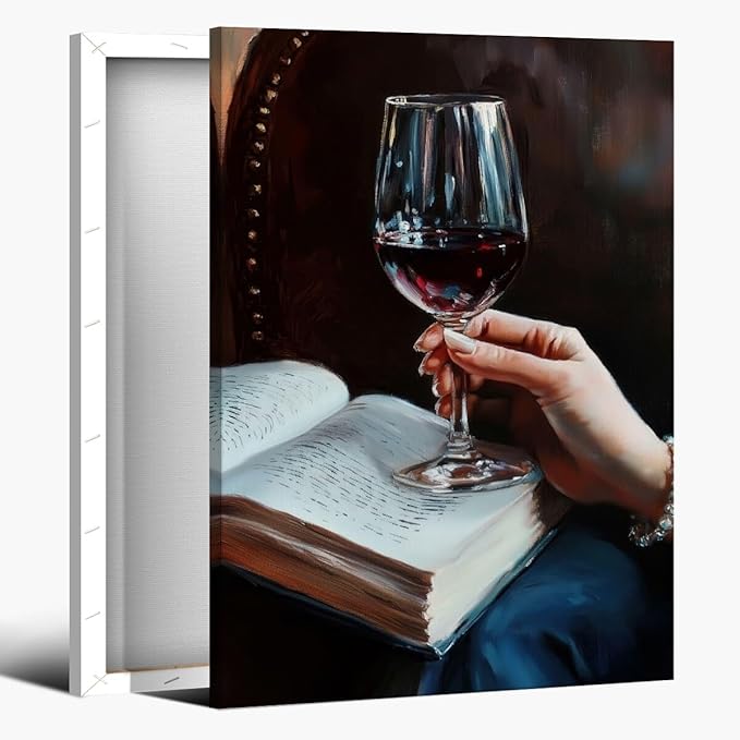 Wine and Book Girl Reading With Drink Art Aesthetic Poster Canvas Wall Art Decoration Living Room Home Decor Bedroom Decoration Poster Framed12x18inch