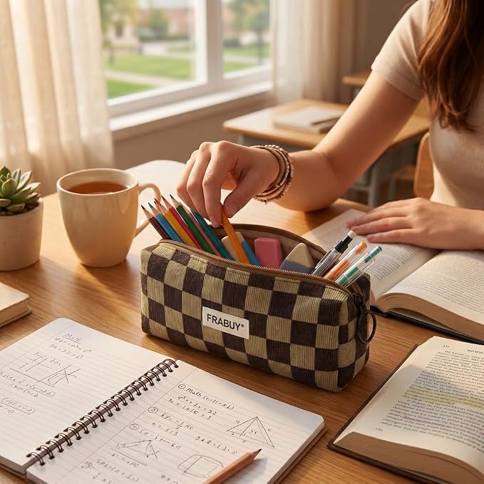 Soft Corduroy Pencil Case Pen Pouch Organizer, Small Stationery Bag | Cute Dark Brown Checkerboard pouch, smooth zipper, daily cosmetics holder, compact organizer for school teen girls, women