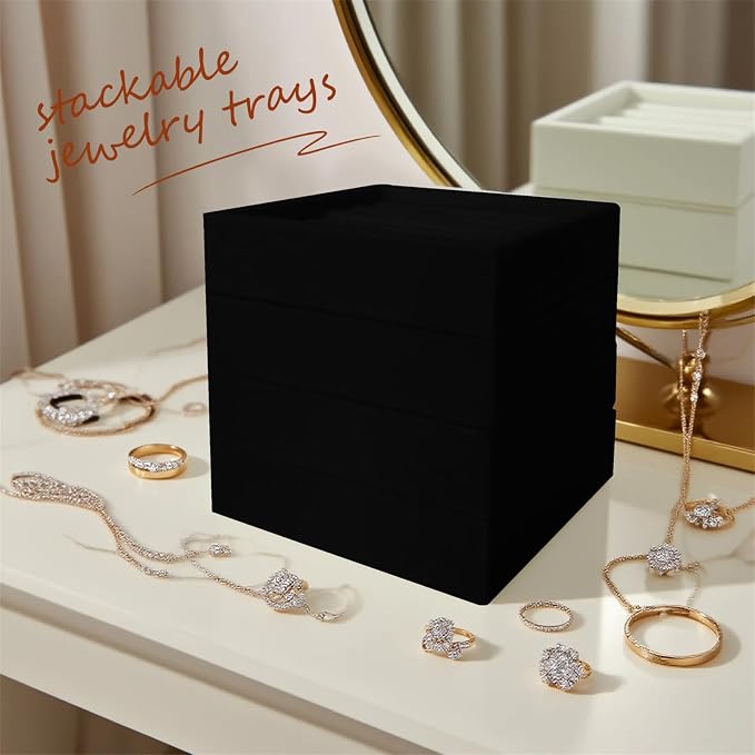 SCIKHETF Velvet Ring Earrings Studs organizer Tray Small Ring Insert Display Tray 5 Slots Stackable (Black)