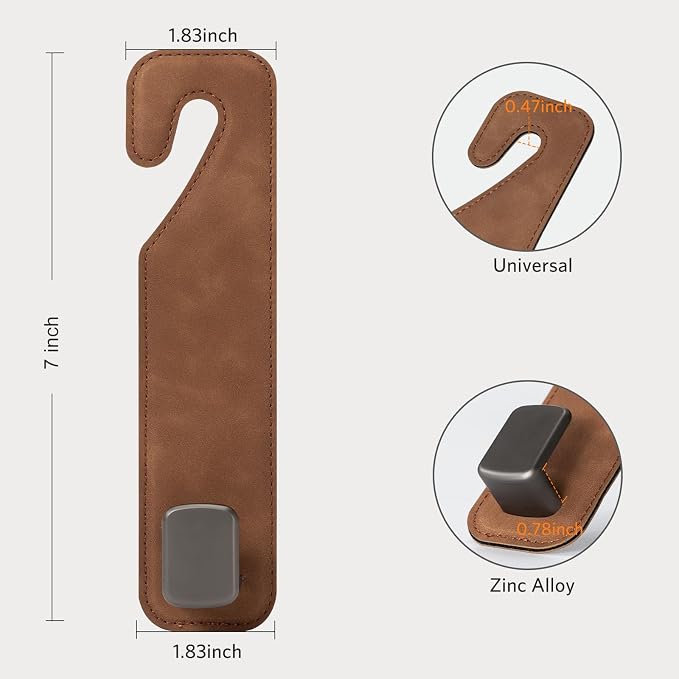 CoBak Headrest Hooks for Car - Universal Premium Stitched Leather and Aluminum-Magnesium Alloy Single Car Seat Back Storage Hook for Purses, Handbags, Bags (2 Pack),Brown