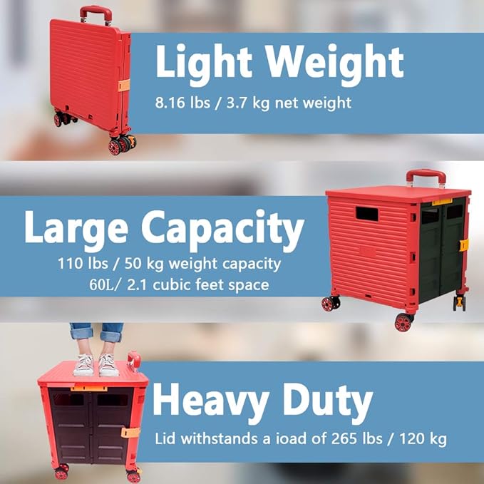 FELICON SELORSS Foldable Utility Cart Folding Portable Rolling Crate Handcart with Durable Heavy Duty Plastic Telescoping Handle Collapsible 4 Rotate Wheels for Travel Shop Move Luggage Office (Red)