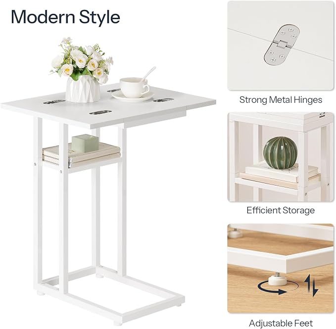 HOOBRO Foldable C Shaped End Table, C Shaped Side Table with Storage Shelf, Small Snack Table, Slide Under Couch Table for Sofa, Living Room Bedroom Small Spaces Easy Assembly, White WW29SF01