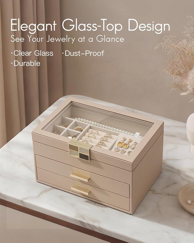 VLANDO Jewelry Box Organizer for Women, 3-Layer Jewelry Storage Case with Glass Lid, Gold Handle, 2 Drawers for Rings, Earrings, Necklaces and Bracelets - Toffee
