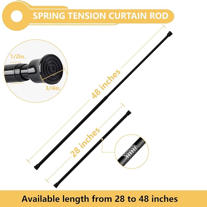 KXLife Spring Tension Rods for Windows Adjustable 28-48", 4Pcs, Black | No Drilling, Tool-Free Spring Fit, Non-Slip Ends, Ideal for Shower, Kitchen, Wardrobe, Doorway