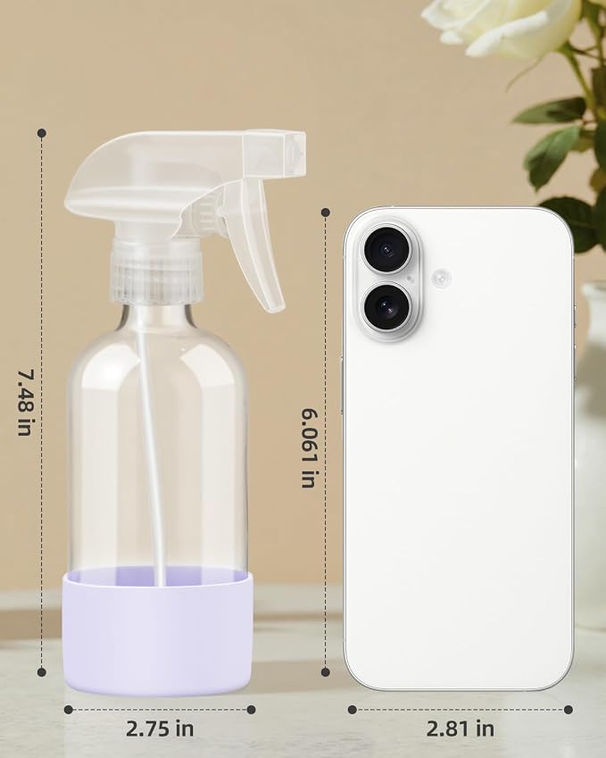 Worldgsb 2 Pack Glass Spray Bottles 8 oz, Empty Refillable Containers with Silicone Sleeve Protection, Glass Spray Bottles for Cleaning Solutions, Hair and Plants with Adjustable Nozzles White&Purple
