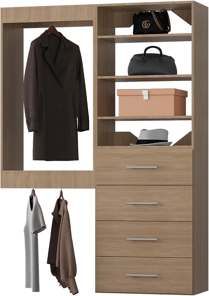 Modular Closet, 64" Wide Organizer with Tower & Drawers, Wood Tower Storage for Walk-In Closets, Wall Mounted Wardrobe Organizer